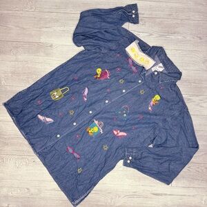 Vintage Tweety Bird Warner Bros Studio Denim Long Sleeve Button cover shirt l